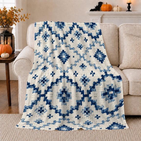 Blue White Geometric Diamond Pattern, Festive autumn celebration Scene, Warm Flannel Blanket for Living Room and Family Room, Art Lovers autumn celebration Gift, Festive Home Decor