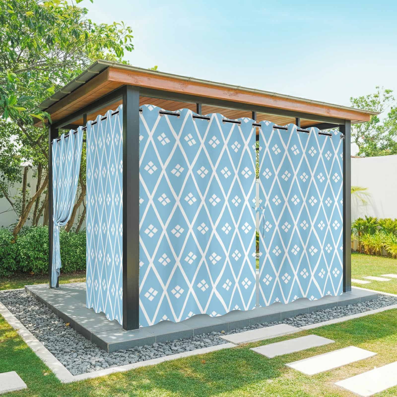 Blue and White Geometric Outdoor Curtains for Patio, Minimalist Argyle Checkered Modern Sunshade Privacy Drapes Grommet Waterproof Outside Curtains for Porch/Cabana/Balcony 54"x 108", 1 Panel