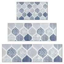 Blue and White Geometric Quatrefoil Pattern Kitchen Rugs Sets Of 3,Kitchen Runner Rugs Non Skid Washable,Decorative Kitchen Floor Mats for Kitchen,Sink,Laundry,17"x30" 17"x47" 17"x59"