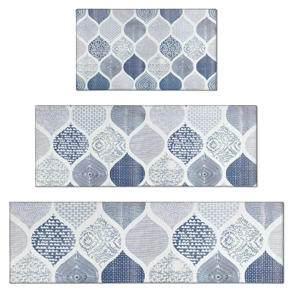 Blue and White Geometric Quatrefoil Pattern Kitchen Rugs Sets Of 3,Kitchen Runner Rugs Non Skid Washable,Decorative Kitchen Floor Mats for Kitchen,Sink,Laundry,17"x30"+ 17"x47" + 17"x59"