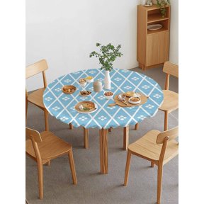 Blue and White Geometric Round Fitted Tablecloth with Elastic Edge, Minimalist Argyle Checkered Modern Waterproof Stretch Table Covers for 36"-44" Tables Wipeable Table Cloth for Outdoor