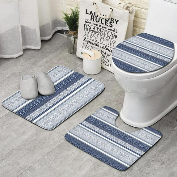 Blue and White Geometric Striped Pattern Bathroom Rugs Sets 3 Piece,Toilet Cover Set,Absorbent Non Slip Bathroom Mats Sets with U-Shaped Contour Rug Toilet Rug Set