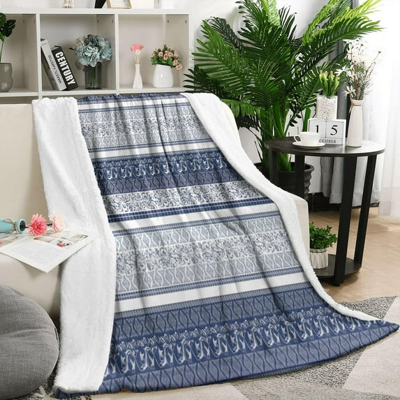 Blue and White Geometric Striped Pattern Blanket,Comfortable Soft Flannel Throw Blanket,All Season,Warm Lightweight Blankets for Sofa Bed Couch Living Room Chair,50"x60"