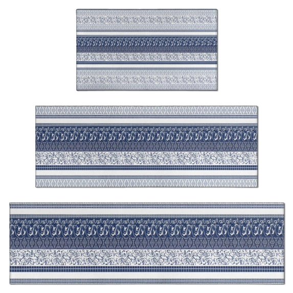 Blue and White Geometric Striped Pattern Kitchen Rugs Sets Of 3,Kitchen Runner Rugs Non Skid Washable,Decorative Kitchen Floor Mats for Kitchen,Sink,Laundry,17"x30"+ 17"x47" + 17"x59"