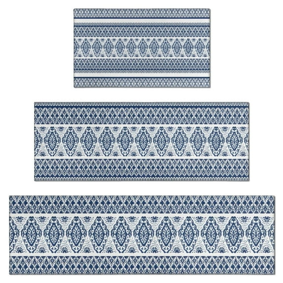 Blue and White Geometric Striped Pattern Kitchen Rugs Sets Of 3,Kitchen Runner Rugs Non Skid Washable,Decorative Kitchen Floor Mats for Kitchen,Sink,Laundry,17"x30"+ 17"x47" + 17"x59"