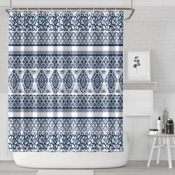 Blue and White Geometric Striped Pattern Shower Curtain 84"x72" ,Bathroom Decorative Shower Curtains Set with 12 Hooks,Modern Waterproof Washable Shower Curtain