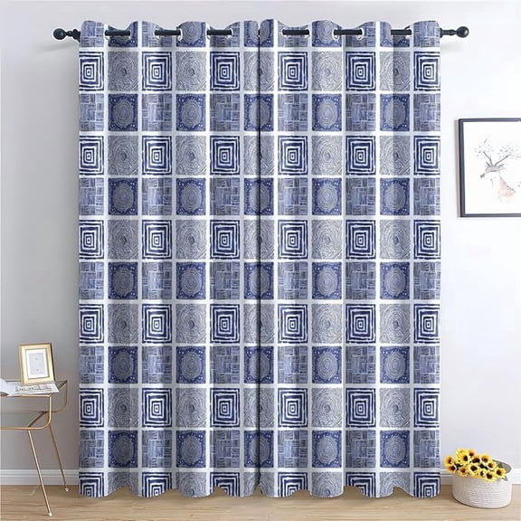 Blue and White Gingham Curtains for Bedroom, Plaid Checkered Curtain for Living Room, Antique Aesthetic Modern Window Curtains, Grommet Drapes - Blackout Thermal 53"W x 96"L (Pack of 2)