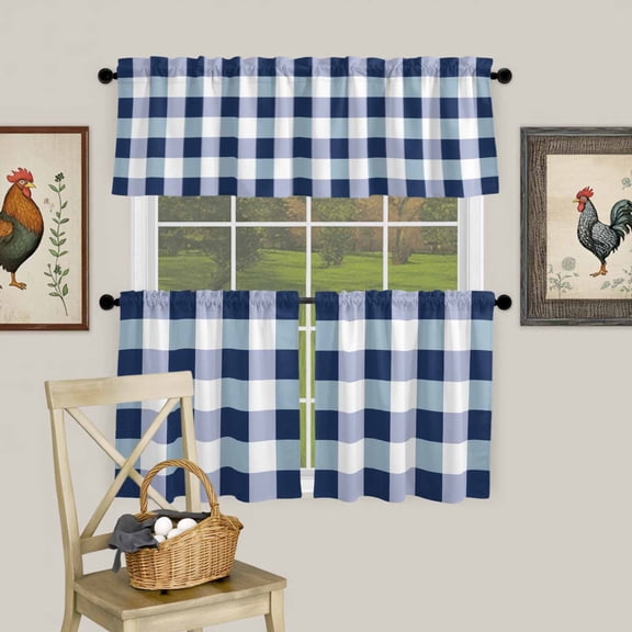 Blue White Gingham Plaid Curtain Tier and Valance Set 3 Piece, Nautical Checkered 3-inch Rod Pocket Window Tier Curtains Valance for Kitchen Living Room