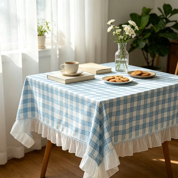 Blue White Gingham Ruffle Tablecloth,Plaid Decorative Table Cover,Wrinkle Resistant Easy Clean Fabric Cloth for Dining Desk Photography Background Home Decor
