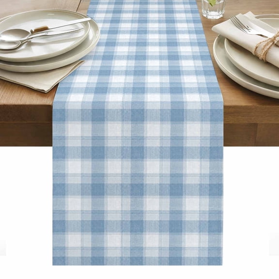 Blue White Gingham Table Runner 13x36 Inch Cottagecore Plaid Grid Cotton Linen Dining Table Runner Ideal for Dresser Kitchen Coffee Tables - Machine Washable