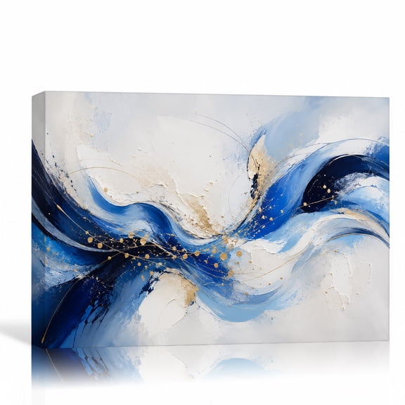 Blue White Gold Abstract Wave Fluid Painting Modern Elegant Gallery Wrapped Canvas Wall Art for Living Room Bedroom Office Decor 12"L x 8"W