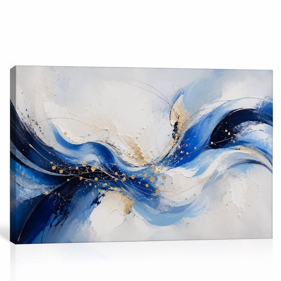 Blue White Gold Abstract Wave Fluid Painting Modern Elegant Gallery Wrapped Canvas Wall Art for Living Room Bedroom Office Decor 40"L x 28"W