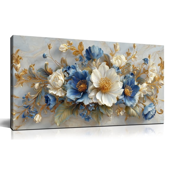 Blue White Gold Floral Canvas Wall Art, Luxury Abstract Flower Bouquet Painting, 40x20 Inches Modern Elegant Botanical Wall Decor for Living Room Bedroom Home