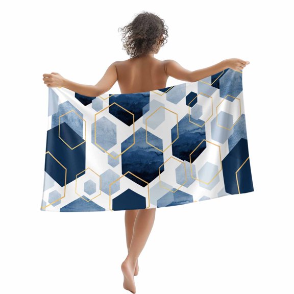 Blue White Gold Geometric Beach Towels Blanket Soft&Absorbent Quick Dry Microfiber Modern Abstract Hexagon Pattern Pool Towels for Swimming ,Yoga, Sports, Gym, Camping,Large 30X60in,