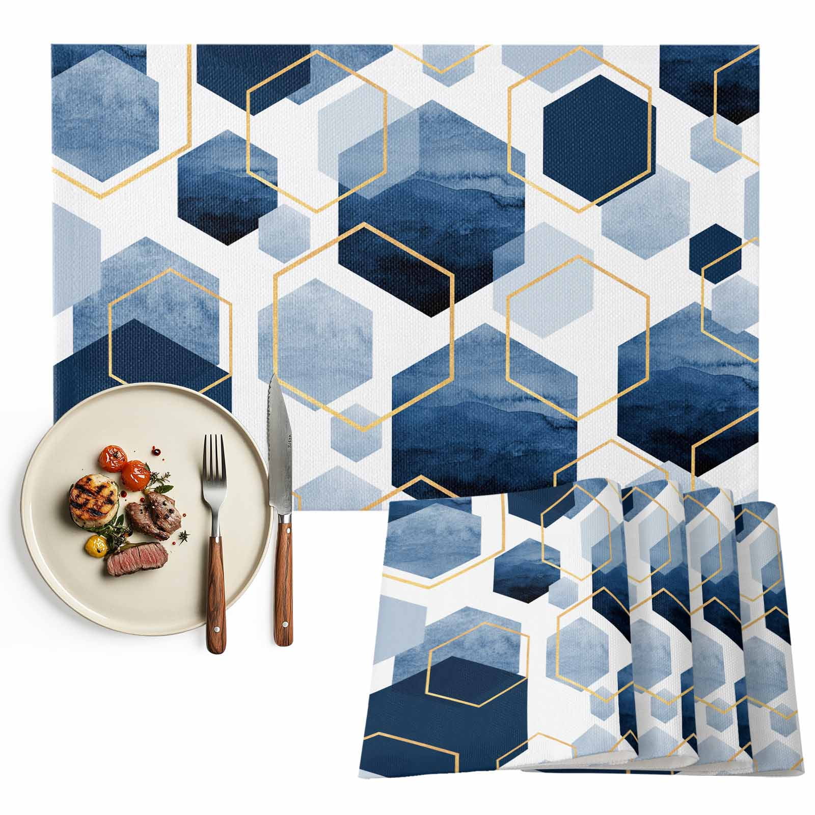 Blue White Gold Geometric Placemats Set of 12, Modern Abstract Hexagon ...