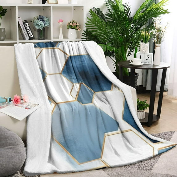 Blue White Gold Hexagon Marble Pattern Blanket,Comfortable Soft Flannel Throw Blanket,All Season,Warm Lightweight Blankets for Sofa Bed Couch Living Room Chair,40"x50"