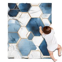 Blue White Gold Hexagon Marble Pattern Blanket,Comfortable Soft Flannel Throw Blanket,All Season,Warm Lightweight Blankets for Sofa Bed Couch Living Room Chair,30"x40"