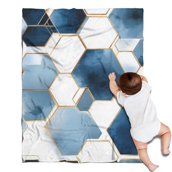 Blue White Gold Hexagon Marble Pattern Blanket,Comfortable Soft Flannel Throw Blanket,All Season,Warm Lightweight Blankets for Sofa Bed Couch Living Room Chair,30"x40"