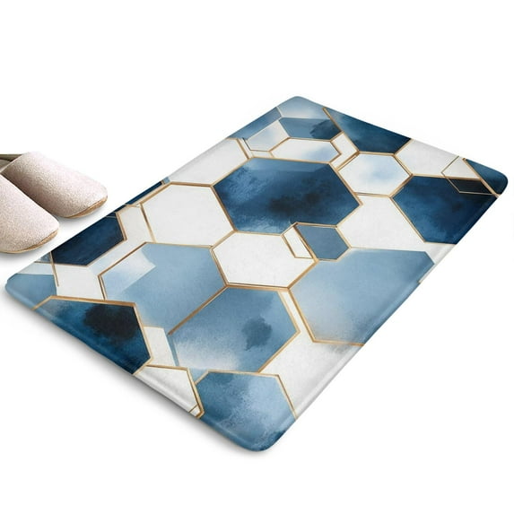 Blue White Gold Hexagon Marble Pattern Flannel Non Slip Door Rugs,Washable Door Mats Indoor,Decorative Door Mats,Dirt-Resistant and Absorbent Doormat for Entrance,Bedroom,Kitchen,Bathroom,23.5"x16"