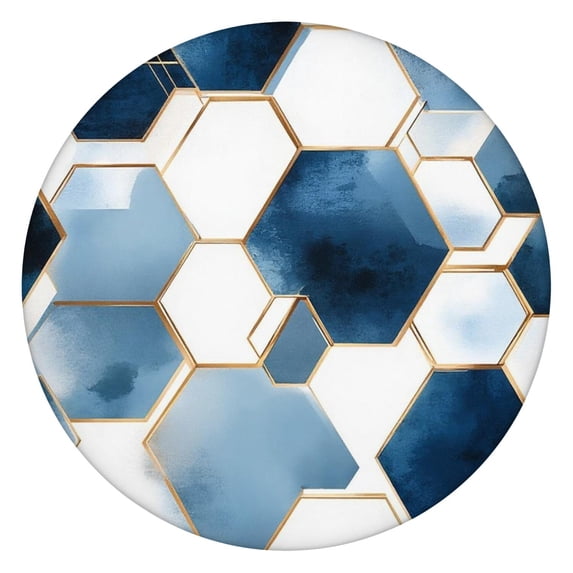 Blue White Gold Hexagon Marble Pattern Round Fitted Tablecloth with Elastic Edge,Dining Table Cover Waterproof,Outdoor Round Tablecloth for Camping,Dining,Indoor and Outdoor