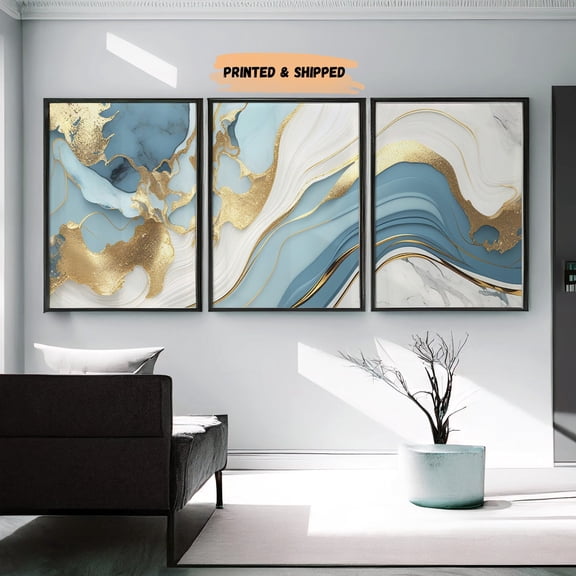 Blue White Gold Marble Abstract Wall Art Set 3 Stretched Canvas 16x24