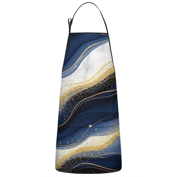 Blue White Gold Marble Pattern Apron-Garden Aprons for Women with Pockets-Cotton Linen Waterproof Kitchen Cooking Gardening Aprons Adjustable for Kitchen,Cooking,BBQ and Salon 33x27 Inch