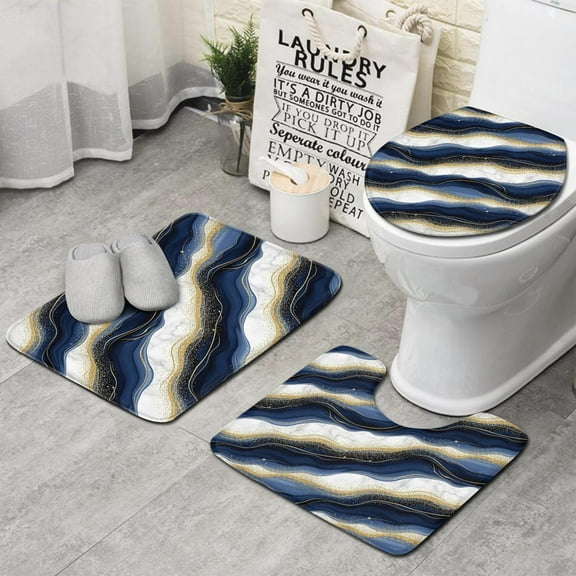 Blue White Gold Marble Pattern Bathroom Rugs Sets 3 Piece,Toilet Cover Set,Absorbent Non Slip Bathroom Mats Sets with U-Shaped Contour Rug Toilet Rug Set