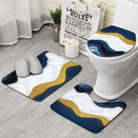 Blue White Gold Marble Pattern Bathroom Rugs Sets 3 Piece,Toilet Cover Set,Absorbent Non Slip Bathroom Mats Sets with U-Shaped Contour Rug Toilet Rug Set