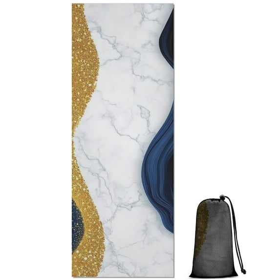 Blue White Gold Marble Pattern Hot Yoga Mat Towel Non Slip for Hot Yoga - Quick-Drying Yoga Mat Cover with 4 Corner Pockets with Travel Bag - Hot Yoga Towel Non Slip 70"x26"