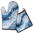 thumbnail image 1 of Blue White Gold Marble Pattern Kitchen Oven Mitt and Pot Holder Sets 2 Pcs for Baking, Cooking and Grilling, Heat Resistant Up To 392 °F, 1 of 7
