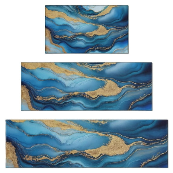 Blue White Gold Marble Pattern Kitchen Rugs Sets Of 3,Kitchen Runner Rugs Non Skid Washable,Decorative Kitchen Floor Mats for Kitchen,Sink,Laundry,17"x30"+ 17"x47" + 17"x59"