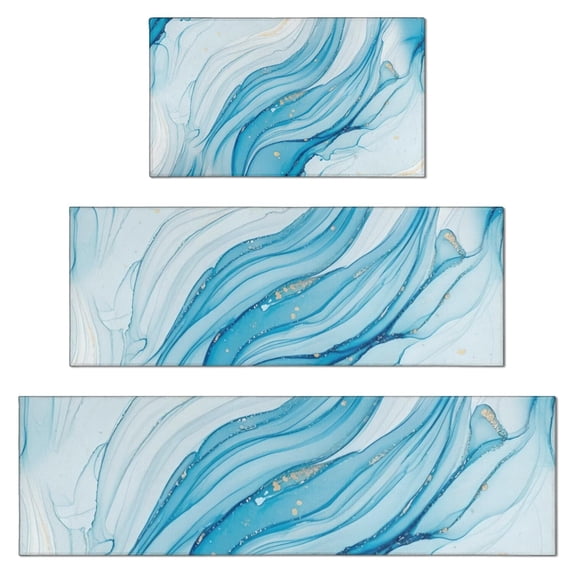 Blue White Gold Marble Pattern Kitchen Rugs Sets Of 3,Kitchen Runner Rugs Non Skid Washable,Decorative Kitchen Floor Mats for Kitchen,Sink,Laundry,17"x30"+ 17"x47" + 17"x59"