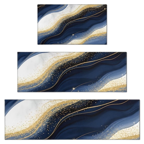 Blue White Gold Marble Pattern Kitchen Rugs Sets Of 3,Kitchen Runner Rugs Non Skid Washable,Decorative Kitchen Floor Mats for Kitchen,Sink,Laundry,17"x30"+ 17"x47" + 17"x59"