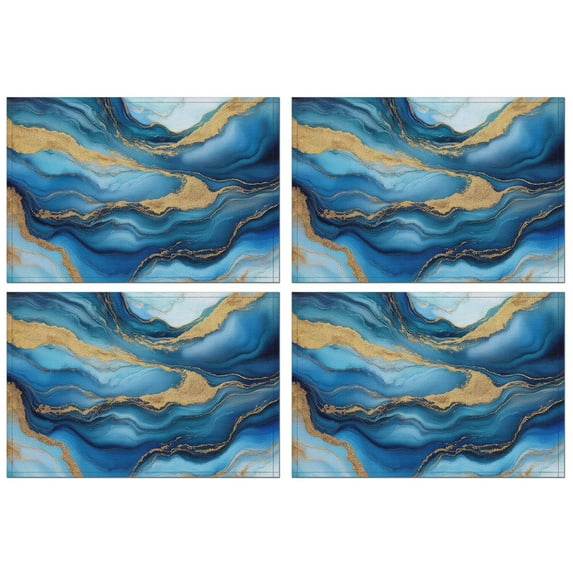Blue White Gold Marble Pattern Summer Placemats Table Placemats Set Of 4-Linen Kitchen Washable Placemats Table Mats 11.8"x17.7" Non-Slip Heat Resistant