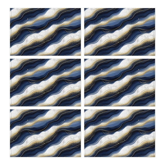 Blue White Gold Marble Pattern Summer Placemats Table Placemats Set Of 6-Linen Kitchen Washable Placemats Table Mats 11.8"x17.7" Non-Slip Heat Resistant