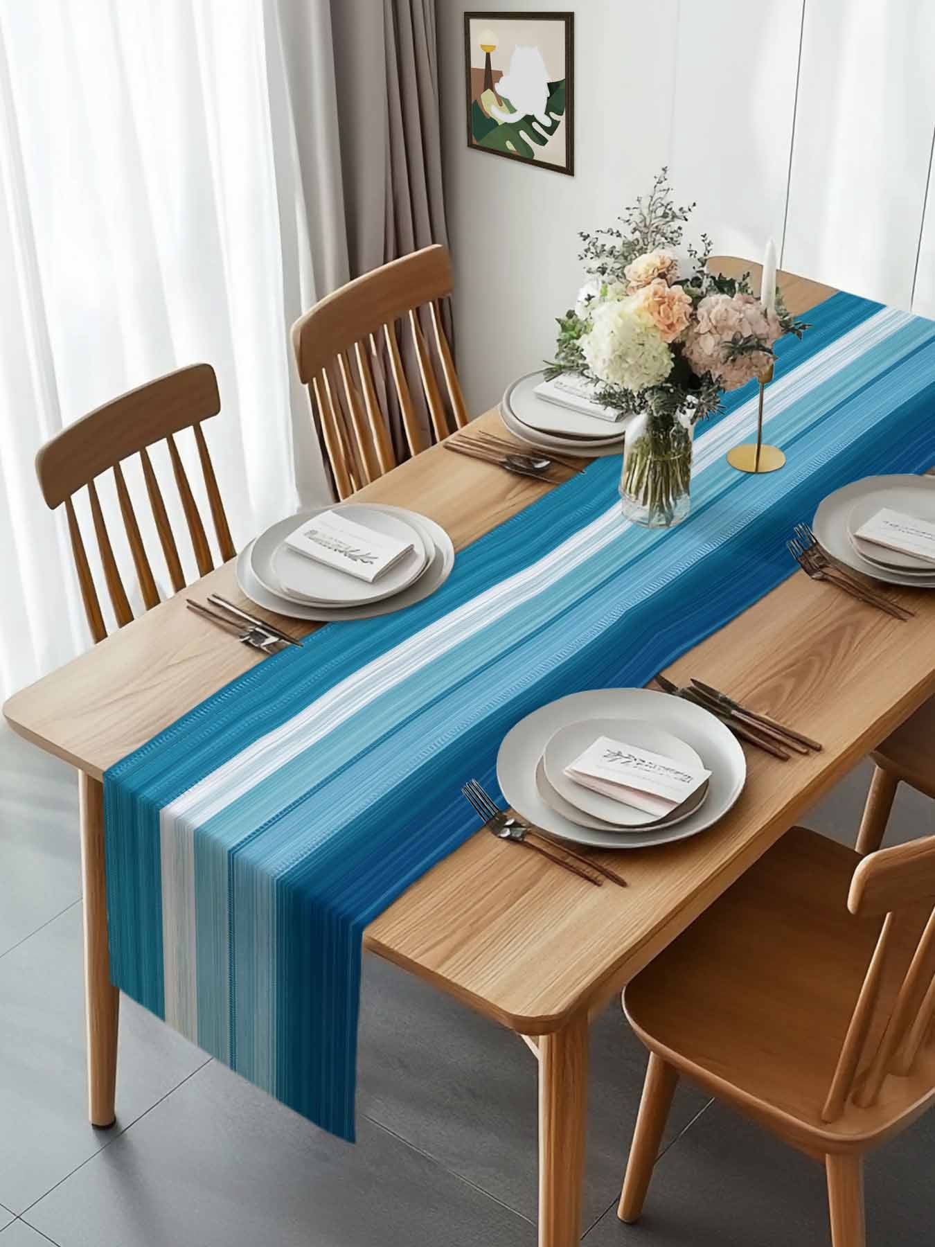 Blue White Gradient Ocean Wave Table Runner 90 Inches Long, Abstract Geometric Line Table Runners Tabletop Scarf Kitchen Dining Tables Decoration for Home Party Indoor Outdoor