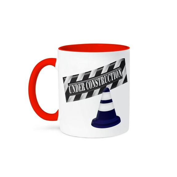 3dRose, Blue, White, Gray Under Construction Sign and Construction Cone, 11oz Two-Tone Red Mug