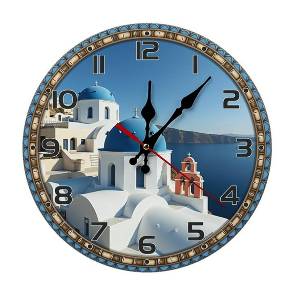 Blue White Greek Buildings Wall Clock 10 Inch Silent Non Ticking Round Wooden Clock Decoration for Living Room Kitchen Bedroom Bathroom Office Classroom