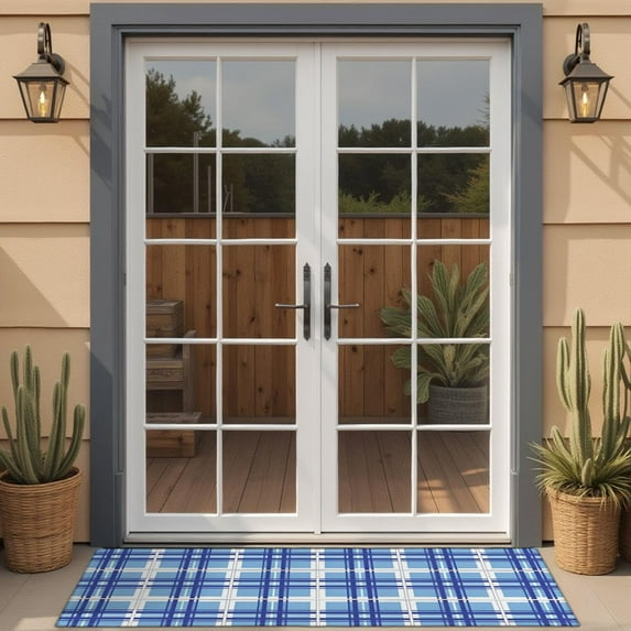 Blue and White Grid Pattern Door Rugs,Washable Non Slip Door Mats Indoor,Decorative Door Mats,Entry Mat Indoor for Entrance,Bedroom,Kitchen,Bathroom,16"x47"