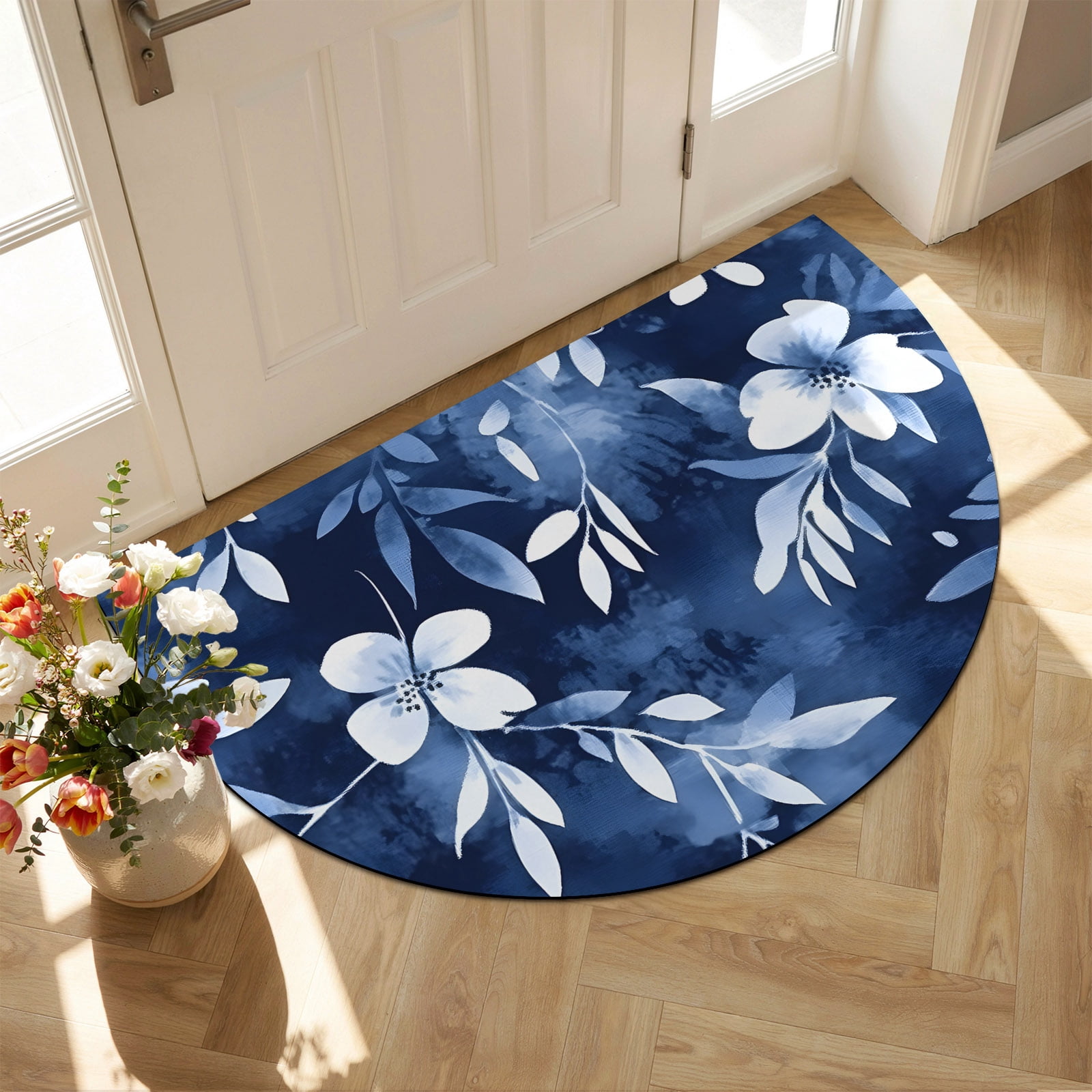 Blue White Half Round Diatomaceous Earth Doormat, 18