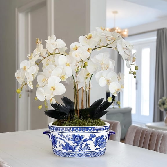 Blue White Hand-Painted Oval Ceramic Cachepot, Classic Chinese Porcelain Style Plant Pot 2 Sizes No Drainage Hole, Gloss Glazed Decor Planter for Orchid Tabletop Farmhouse, Ideal Housewarming Gift