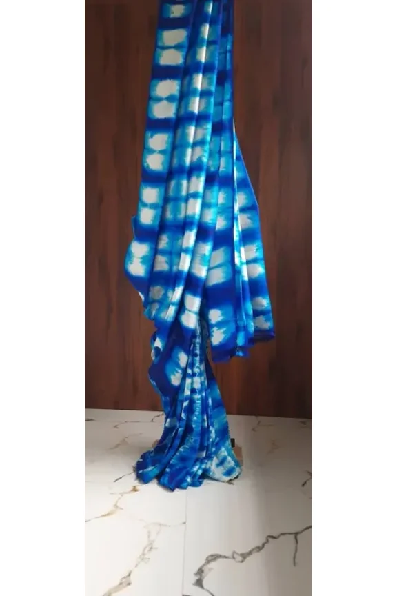 Blue White Hand Tie & Dye Bandhej Pure Silk Saree