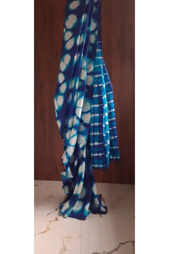 Blue White Hand Tie & Dye Bandhej Pure Silk Saree