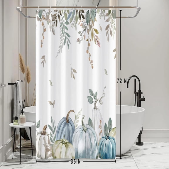 Blue White Harvest Pumpkins Shower Curtain for Bathroom 36x72inches Top Hanging Eucalyptus Leaves Shower Curtain Set with Hooks Fall Thanksgiving Waterproof Fabric Stall RV Shower Curtains