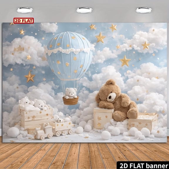 Blue White Hot Air Balloons Backdrop Gold Star Bear Train Baby Shower Background Dreamy Blue Sky White Cloud Birthday Party Decorations Banner Supplies Photo Booth Props