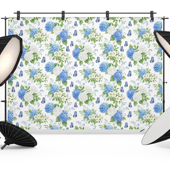 Blue White Hydrangea Backdrops for Photography, Floral Botanical Butterfly Farmhouse Fabric Photo Background Sturdy Studio Props for Photo Studio, Video Recording, Booth & Photoshoot 7x5ft