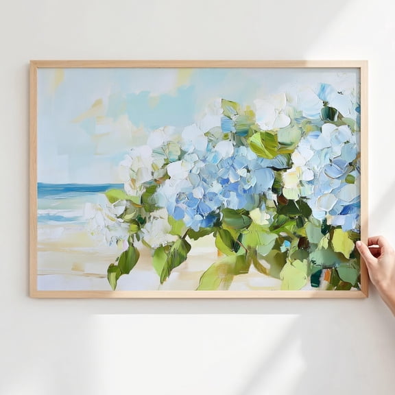 Blue White Hydrangea Coastal Floral Wall Art, Unframed Paper Print Size 8x12
