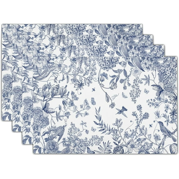 Blue White Hydrangea Floral Placemats for Dining Table Bird Flower Branches Decorative Heat-Resistant Washable Linen Vintage Farmhouse Table Mats 12x18 Inch for Home Kitchen Indoor Outdoor Set of 4