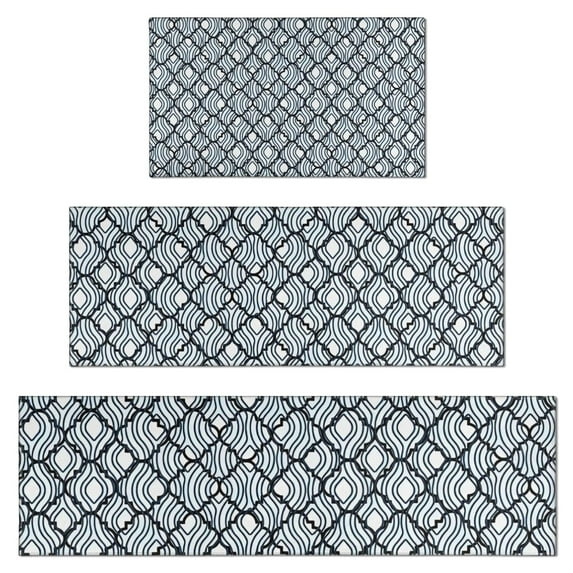 Blue and White Intricate Pattern Kitchen Rugs Sets Of 3,Kitchen Runner Rugs Non Skid Washable,Decorative Kitchen Floor Mats for Kitchen,Sink,Laundry,17"x30"+ 17"x47" + 17"x59"