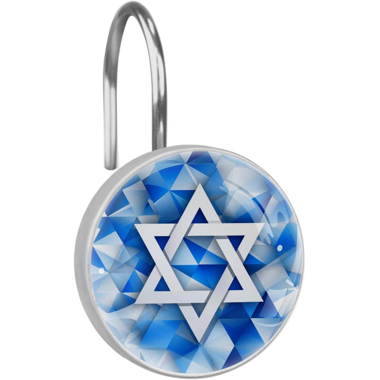 Blue White Israel Flag Shower Curtain Hooks Round Crystal Glass, Set of 12 Shower Curtain Rings - Shower Hooks for Curtain Shower Rings